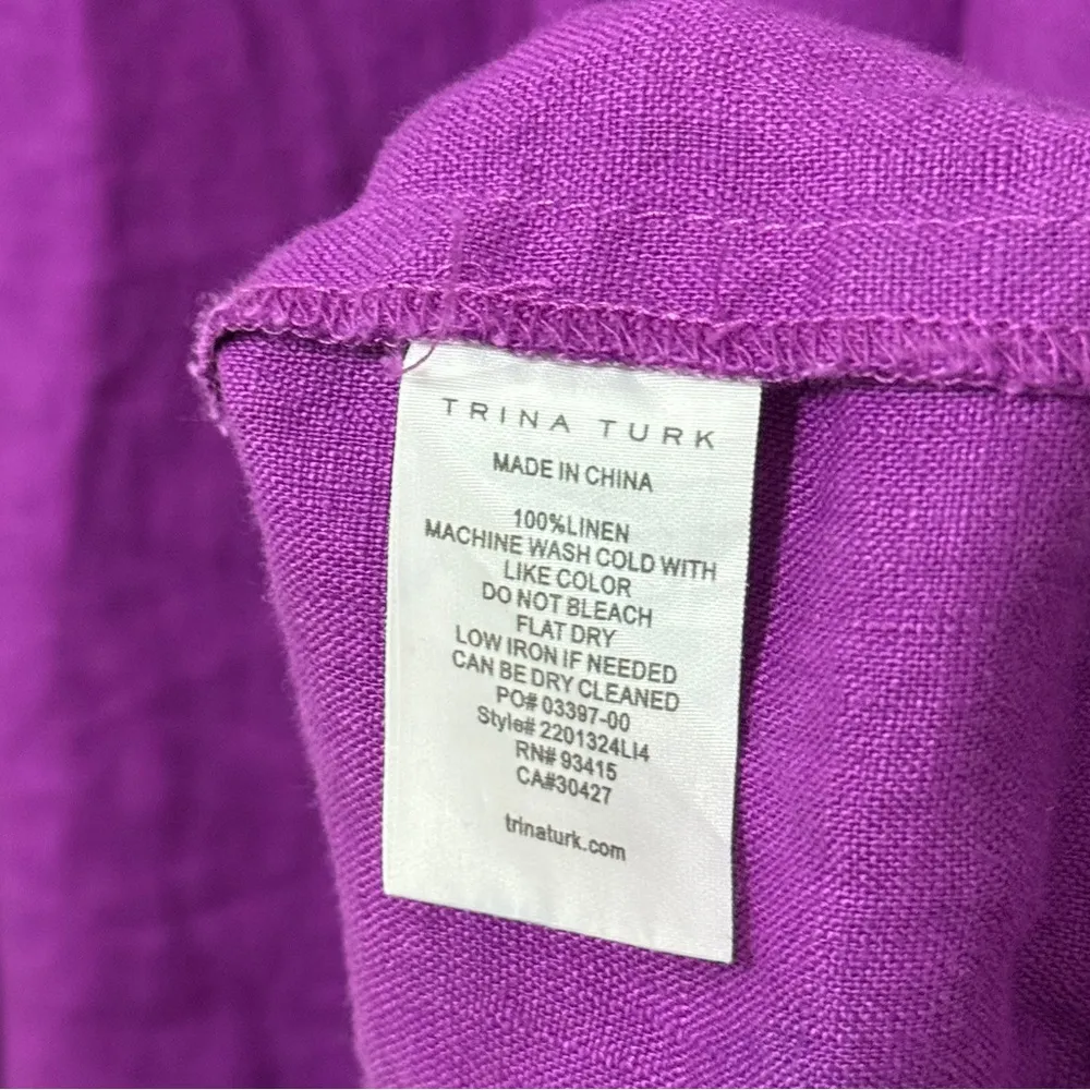 Trina Turk Out of Office Play Linen Dress Size Small Purple Ruffles Midi - Image 10