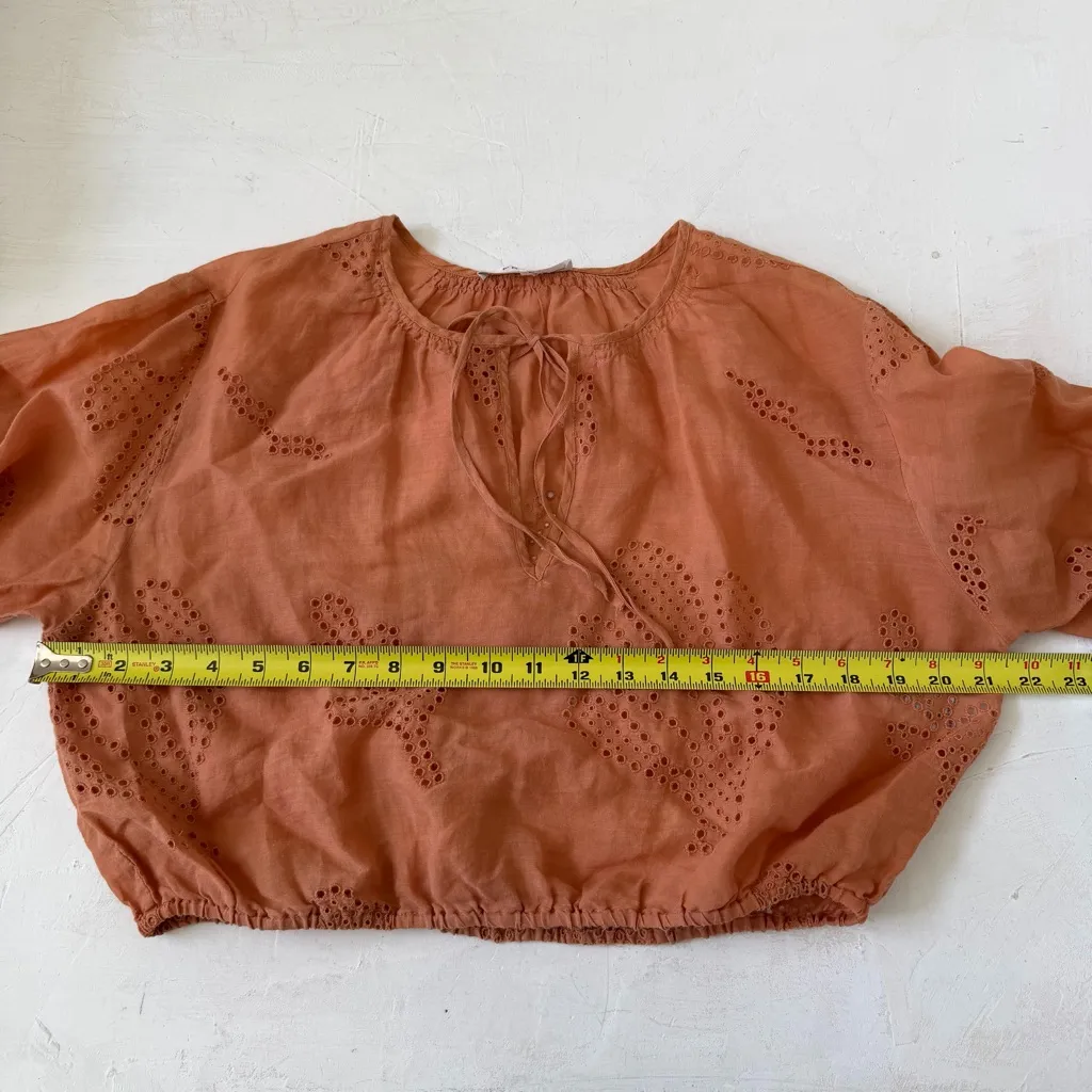 Frame Women's Orange Eyelet Round Neck Tie Cropped Blouse Top Size M - Image 9