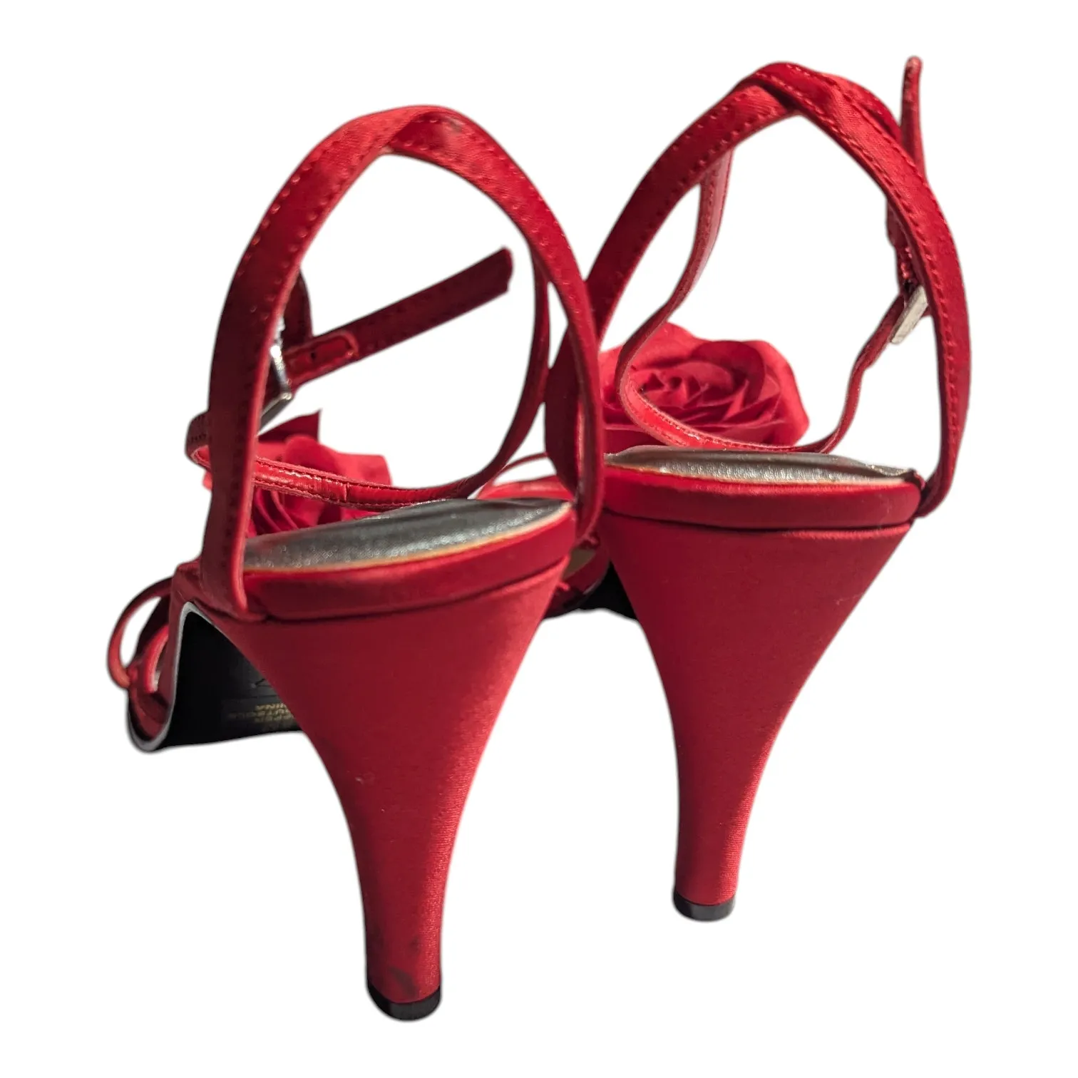 Vtg Y2K Ellemenno Red Satin Rose Floral Accent High Heel Strappy Sandals Sz 8 - Image 3