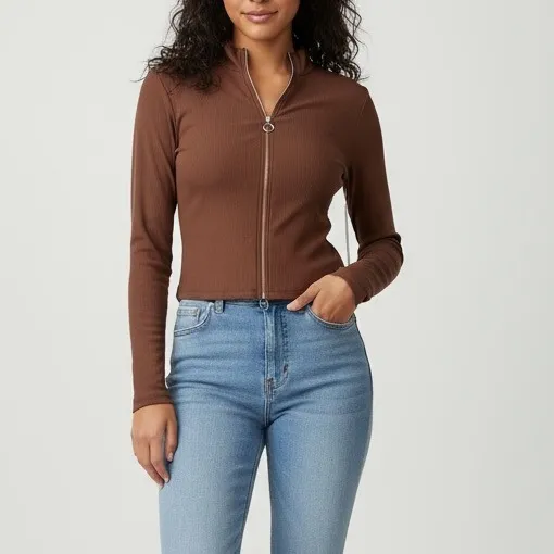 Shosho Brown Ribbed Zip Up Mock Neck Long Sleeve Crop Top Size S - Image 8