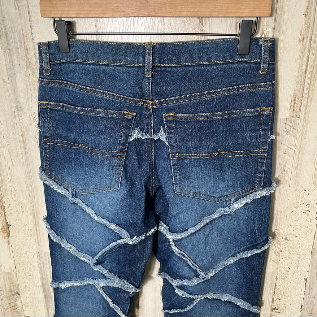 Rave 4 Real Vintage Y2K Frayed Patchwork Flare Jeans Hippie Boho Womens Sz 9/30 Blue - Image 6