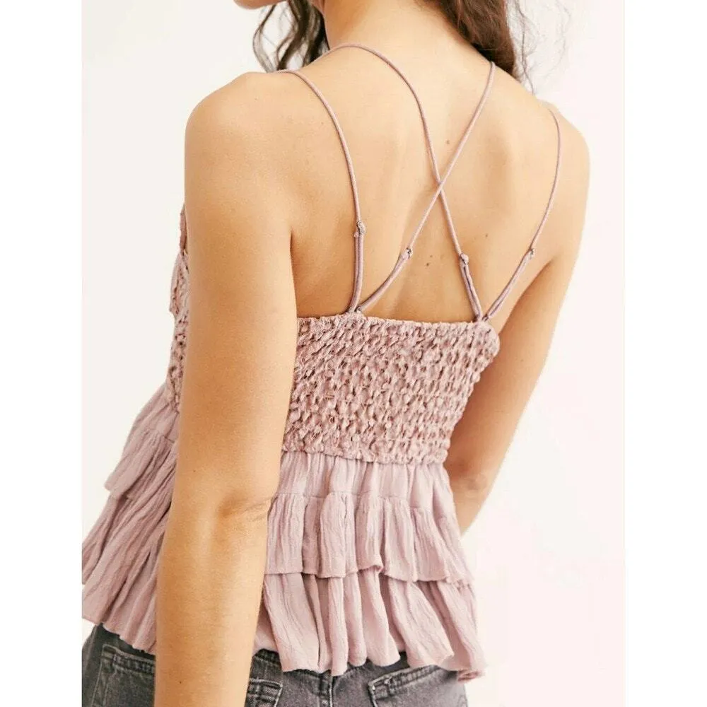 Free People Adella Cami Crochet Lace Flowy Tiered Crisscross Dusty Mauve M New - Image 4
