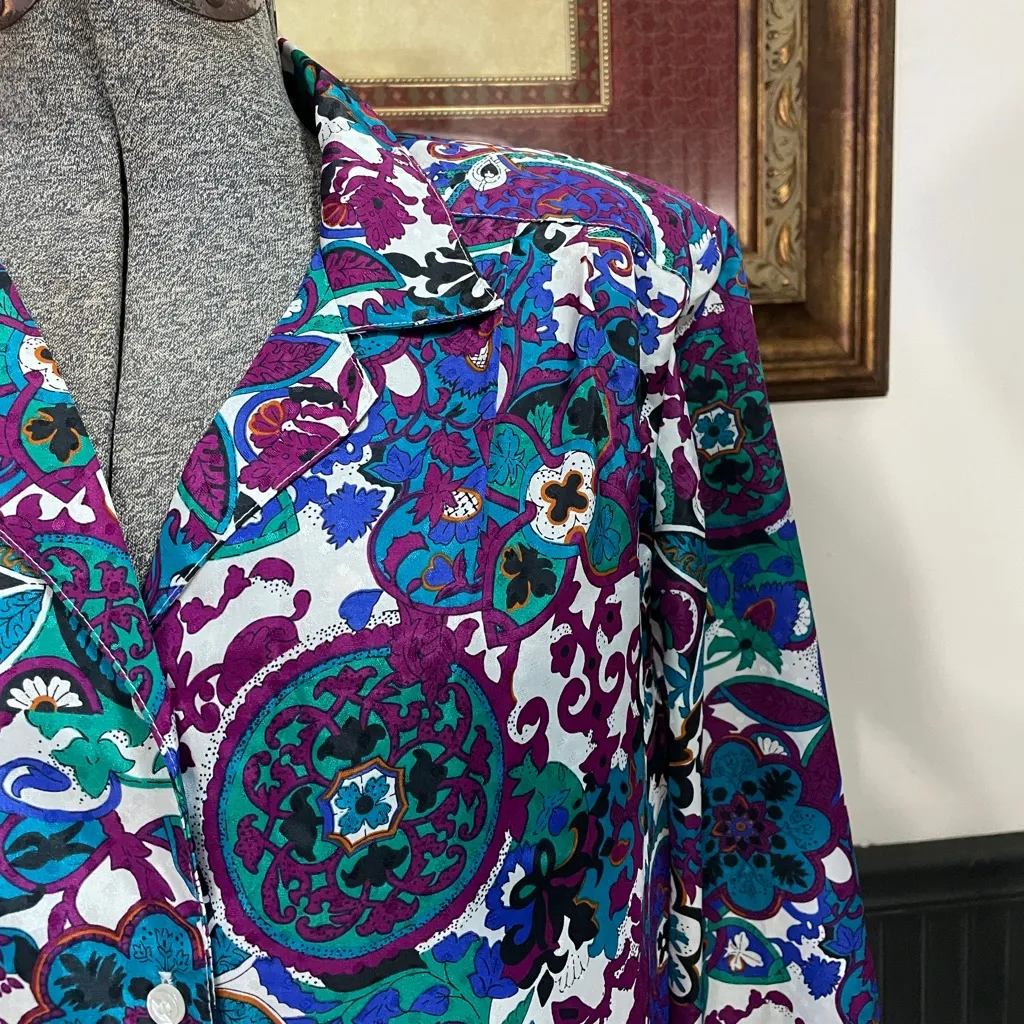 Vintage 70s 80s Pykettes Abstract Floral Pleated Button Up Blouse 💚🎀 Purple Size L - Image 3