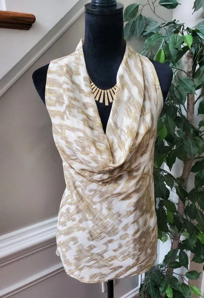 Ann Taylor Cream Gold Thread 100% Modal Cowl Neck Sleeveless Top Blouse Medium - Image 2