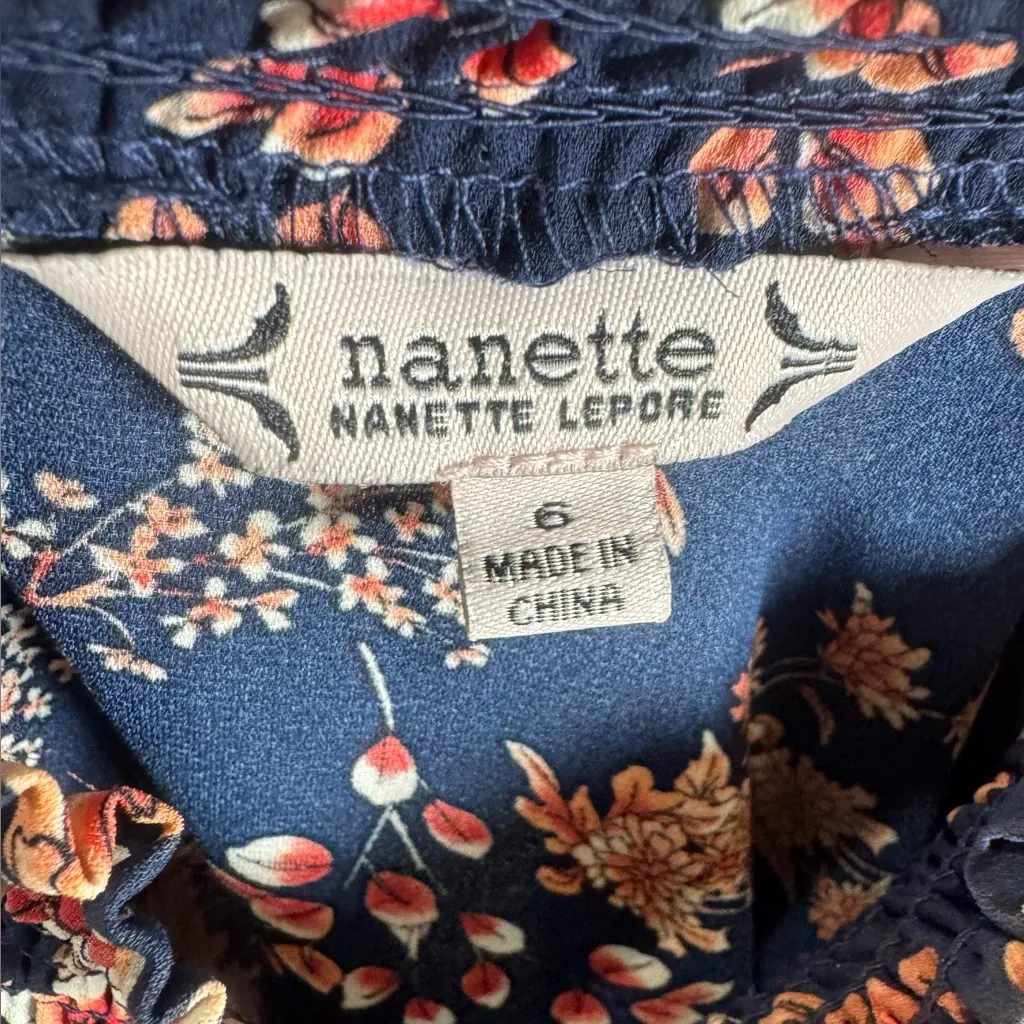 Nanette Lepore long sleeve navy floral smocked mock neck midi dress size 6 - Image 7