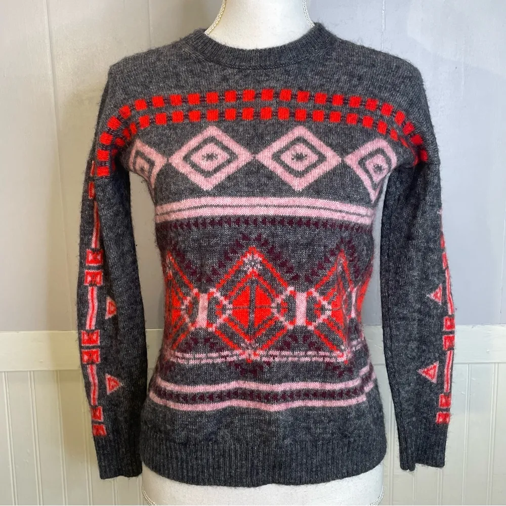 J.CREW Women’s wool abstract fair isle Nordic sweater crew neck petite junior - Image 3