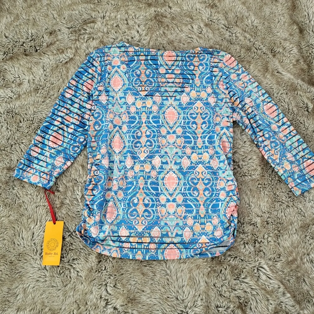 Ruby Rd. 3/4 Sleeve Top Blue & Mesh Stripes Size Medium - Image 5