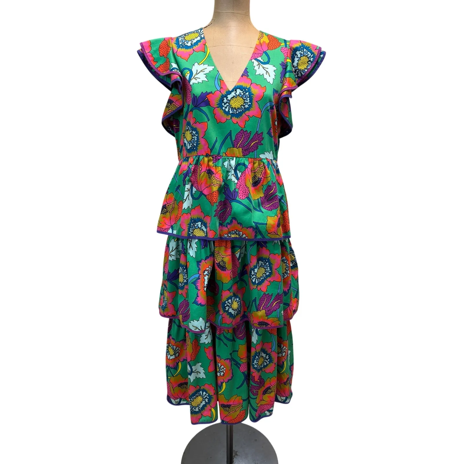 Crosby by Mollie Burch Midi Dress Cotton Green Floral Tiered Skirt Ruffle - Image 2