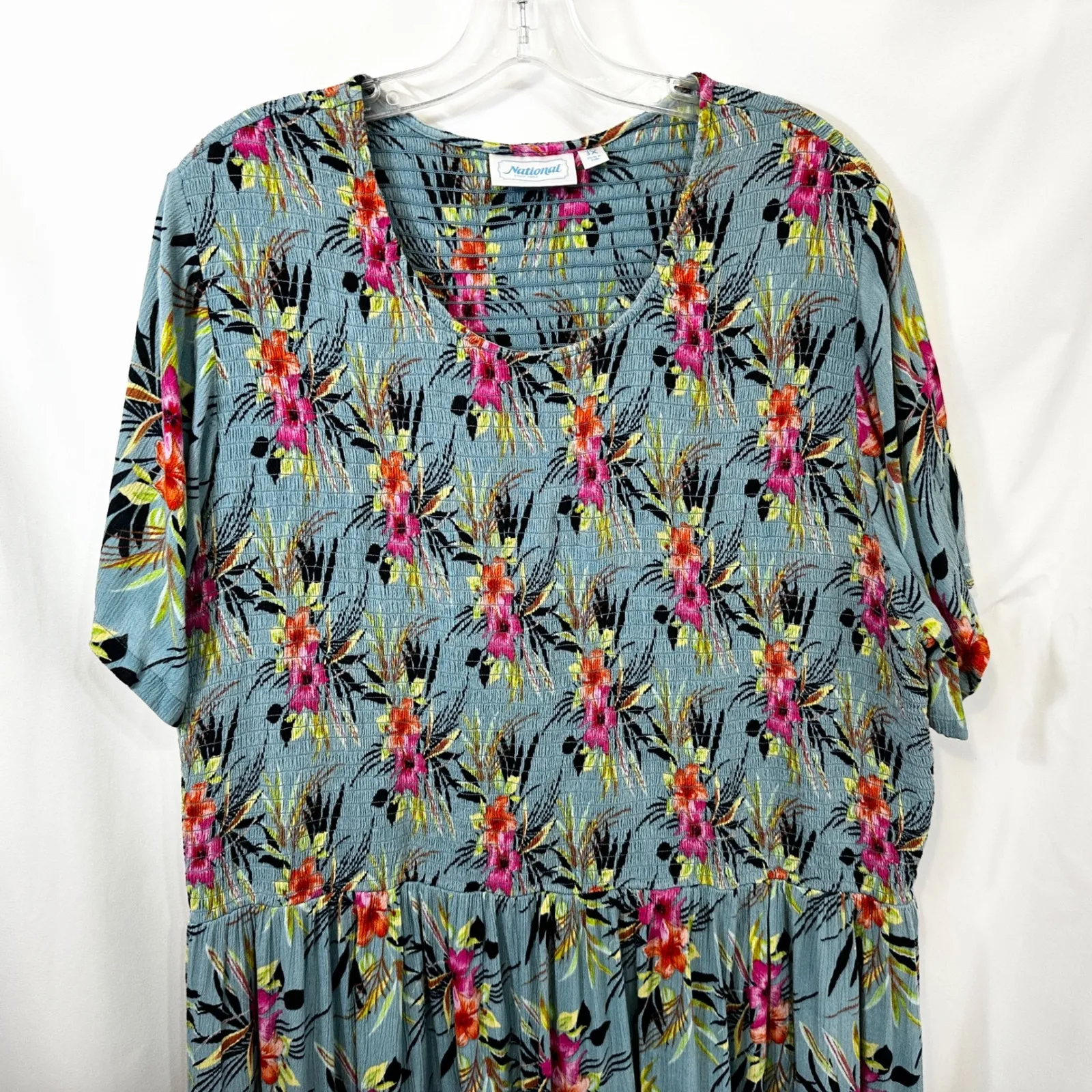 National Plus Size 3X Maxi Dress Blue Floral Smocked Short Sleeve Vacation 1766 - Image 3