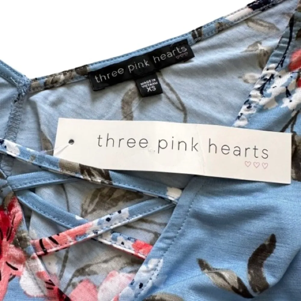 Three Pink Hearts Blue Floral Sleeveless Handkerchief Tunic Top Dress XS NEW - Image 2