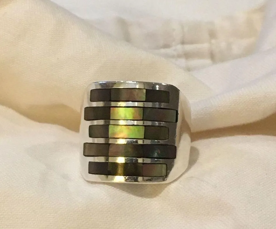 VINTAGE Abalone Sterling Silver Cigar Band Ring Sz 7-1/2 - Image 2