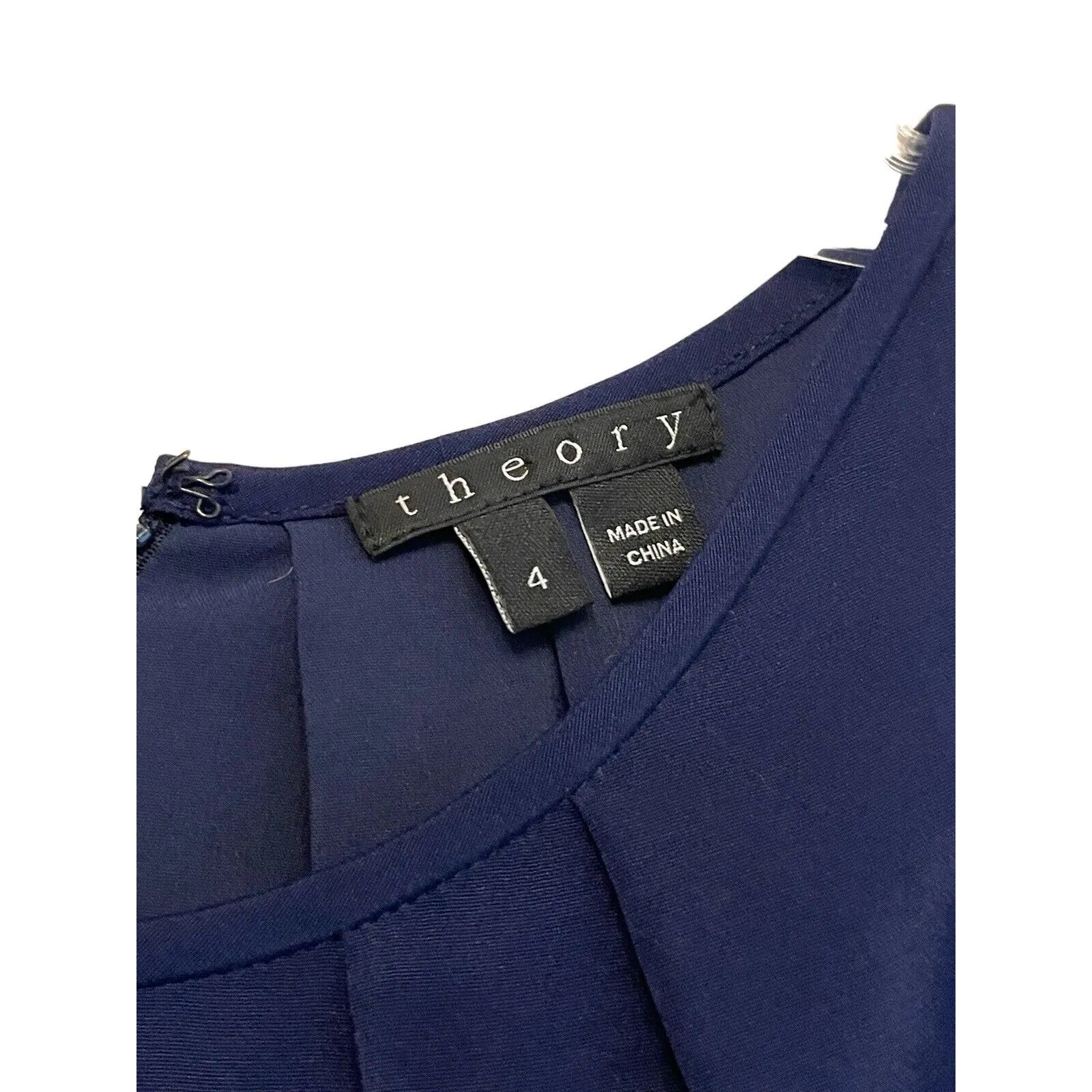 Theory Charlaine Pleat-Neck Shift Dress Women Size‎ 4 Silk Sleeveless Navy Blue - Image 4