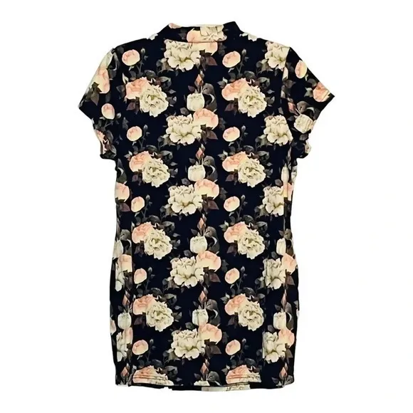 DICE SOFT‎ BLACK FLORAL ROSE PRINTED MINI SHIRT DRESS MOCK NECK KEYHOLE SIZE XL - Image 2