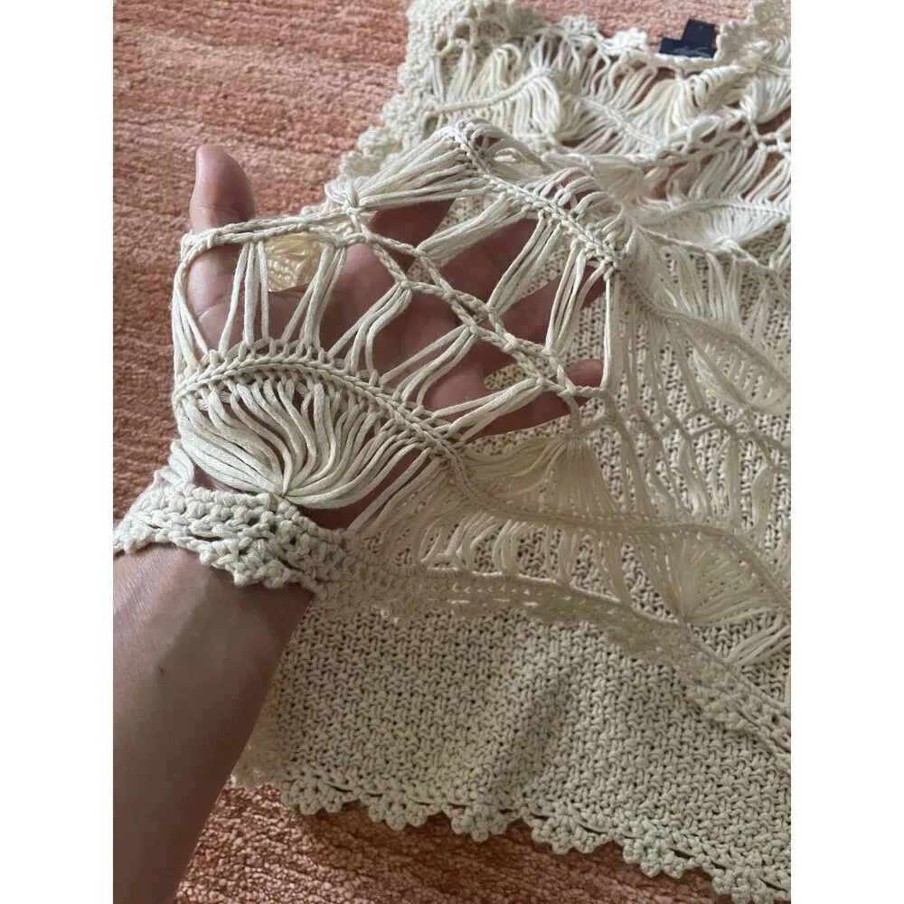 Daytrip Crochet Knit Macramé Tank Top Cream L Boho Festival Sleeveless - Image 5