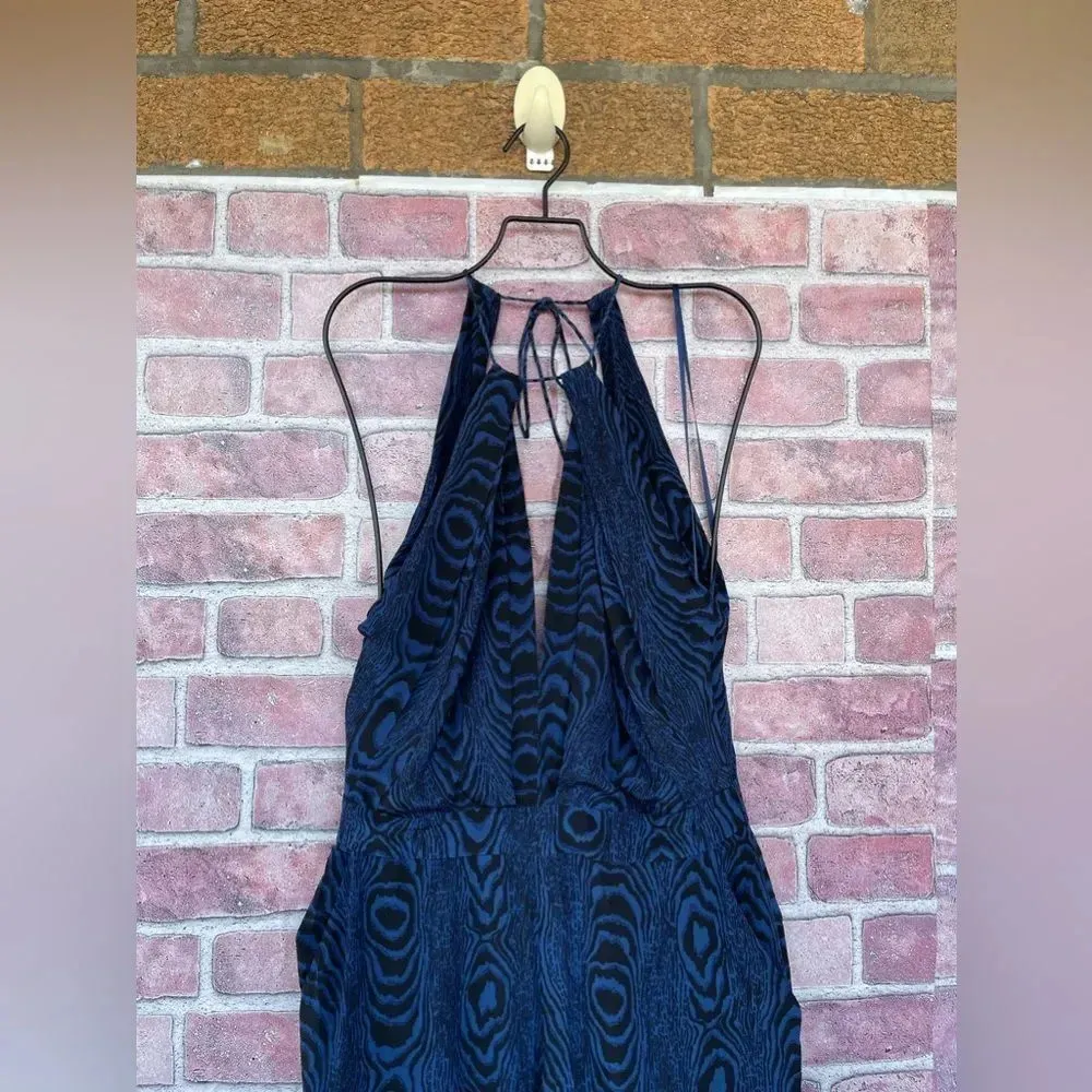 Diane von Furstenberg Blue Black Wood Grain Print Silk Jumpsuit Sz 4 - Image 5