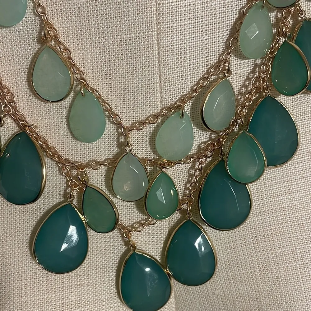 Massini necklace Turquoise Aqua 2-Tier Faceted Teardrop goldtone Statement New - Image 2