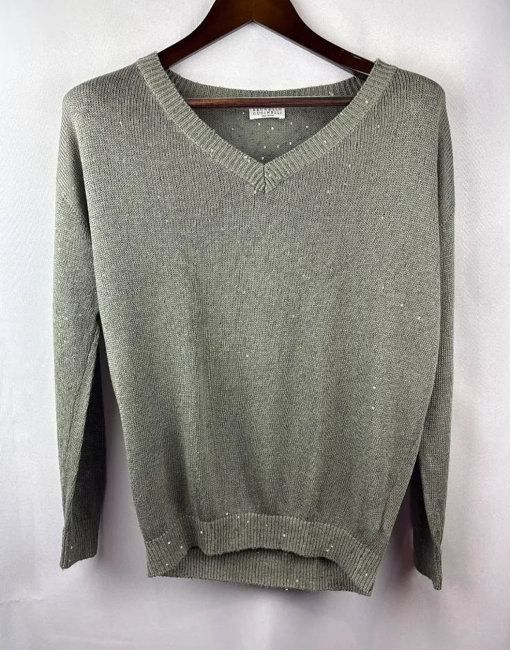 Women’s Brunello Cucinelli Small Olive Green Sparkly Knit Sweater - Image 1