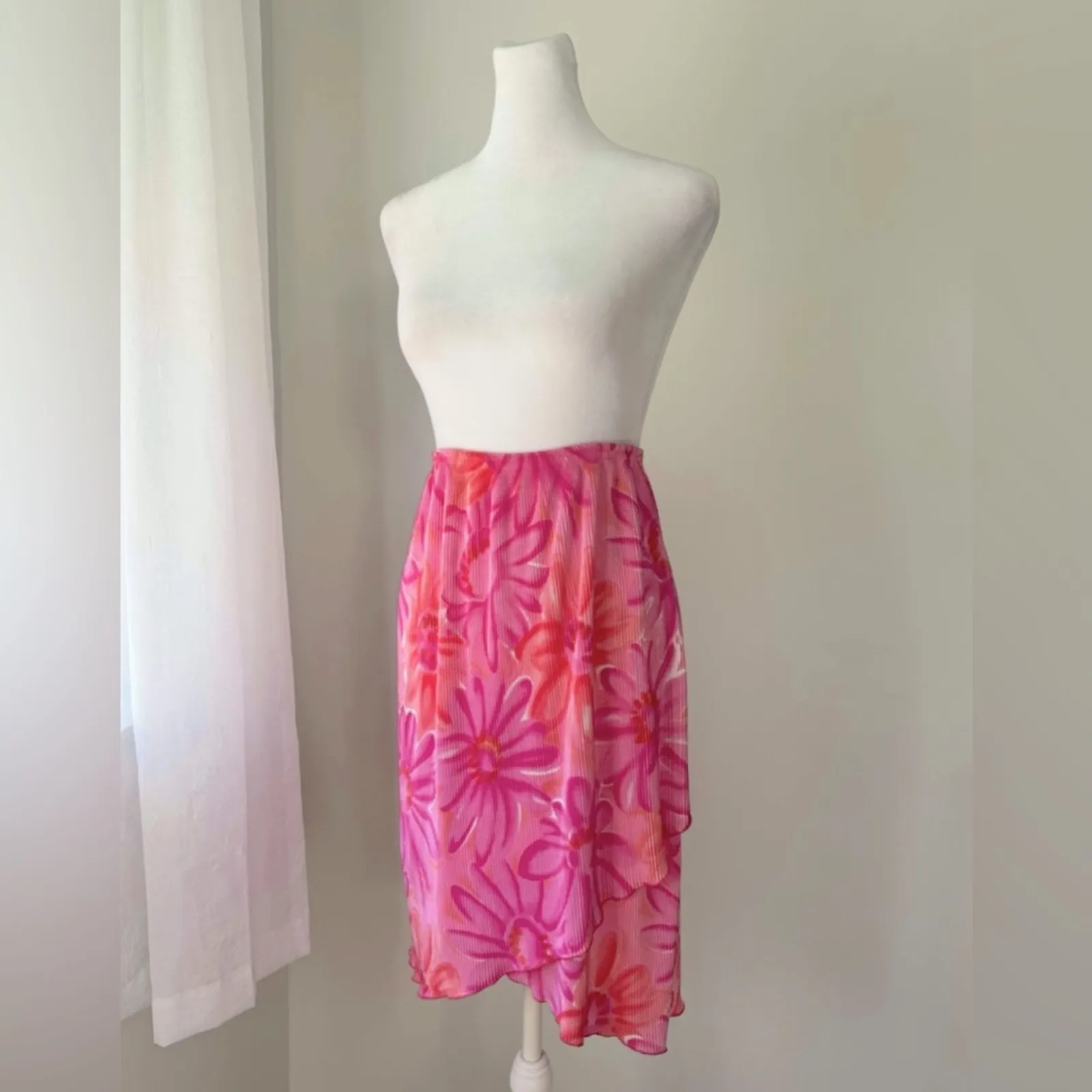 Vintage Y2K Kristin Nicole Pink & Orange Floral Print High Low Stretchy Skirt - Image 2