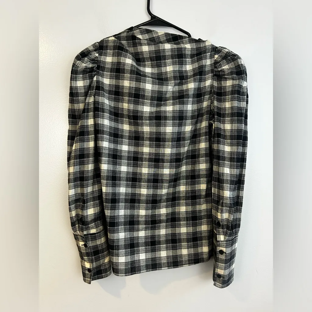 Jonathan Simkhai Rory Black/White Plaid Cutout Poplin Puff Sleeve Shirt Small Black - Image 11