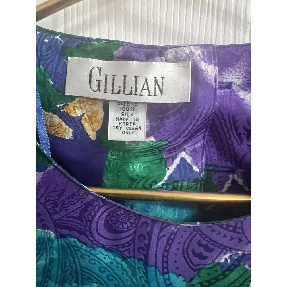 Gillian 100% Silk Purple Green Floral Dress Size 6 Open Back 70s 80s Vintage - Image 6