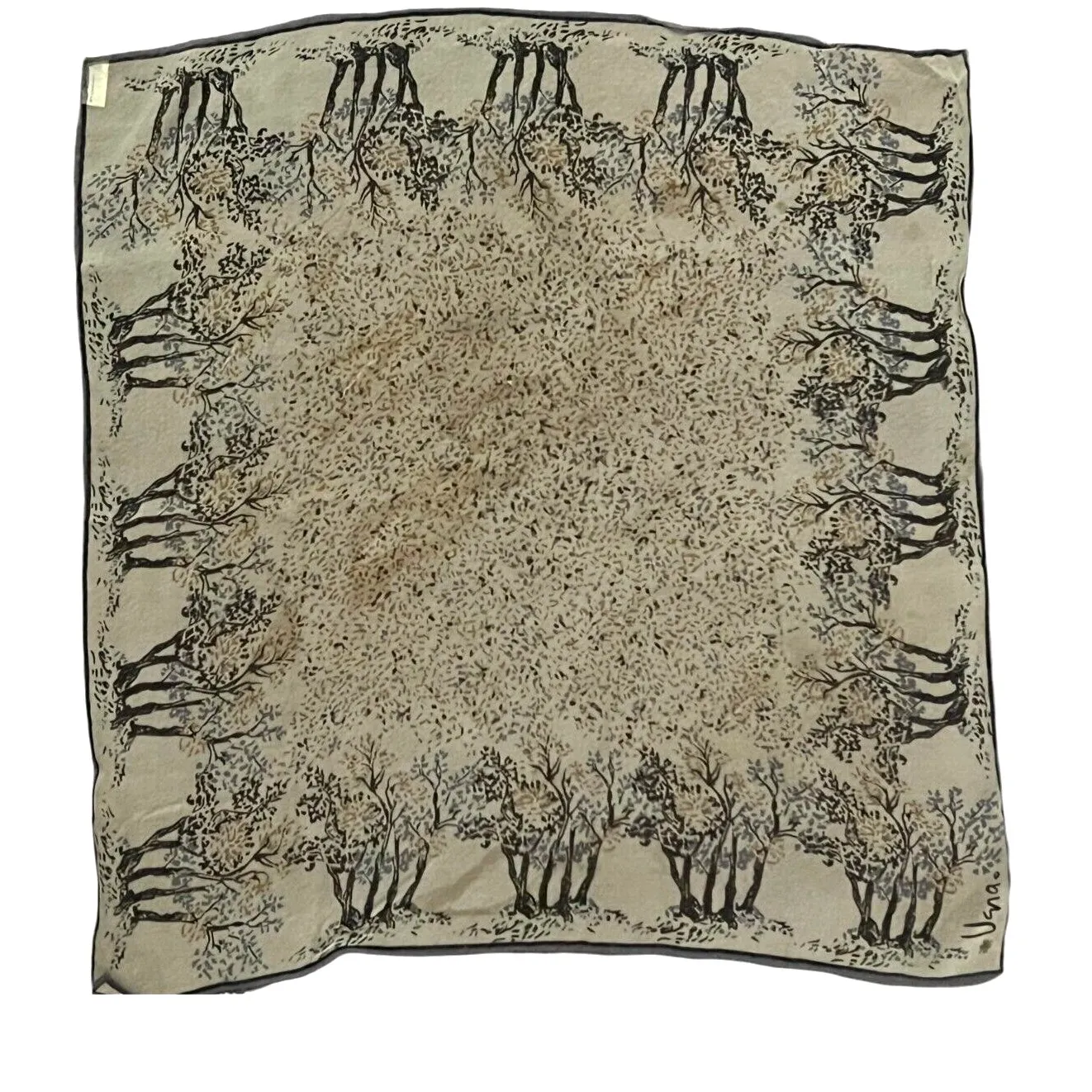 Vintage VERA NEUMANN Scarf Square Watercolor Tree Hand Rolled Silk Authentic White - Image 3