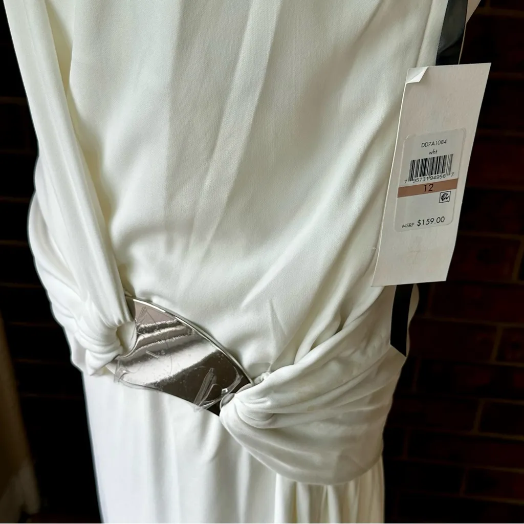DKNY White Draped Faux Wrapped Midi Dress Drop Waist Metal Plate Accent Mermaid - Image 10