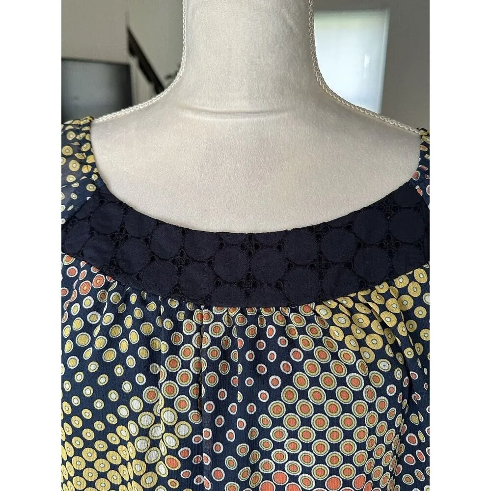 KLD Signature Geometric Print Chiffon Sheer Shift Dress Eyelet Lace Neck Size L - Image 4