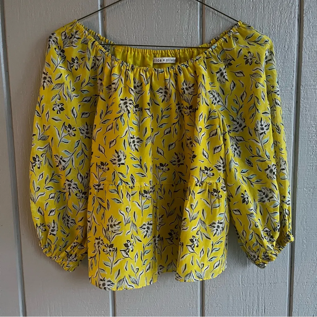 Alice + Olivia Alta Yellow Floral Print Off the Shoulder Silk Blend Top Size S - Image 2