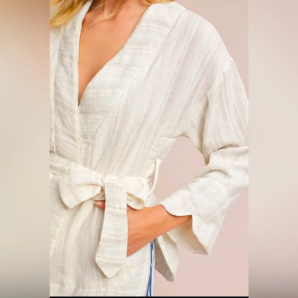 HEI HEI Anthropologie Amita Cream Gold Metallic Stripe Kimono Belted Jacket S - Image 3