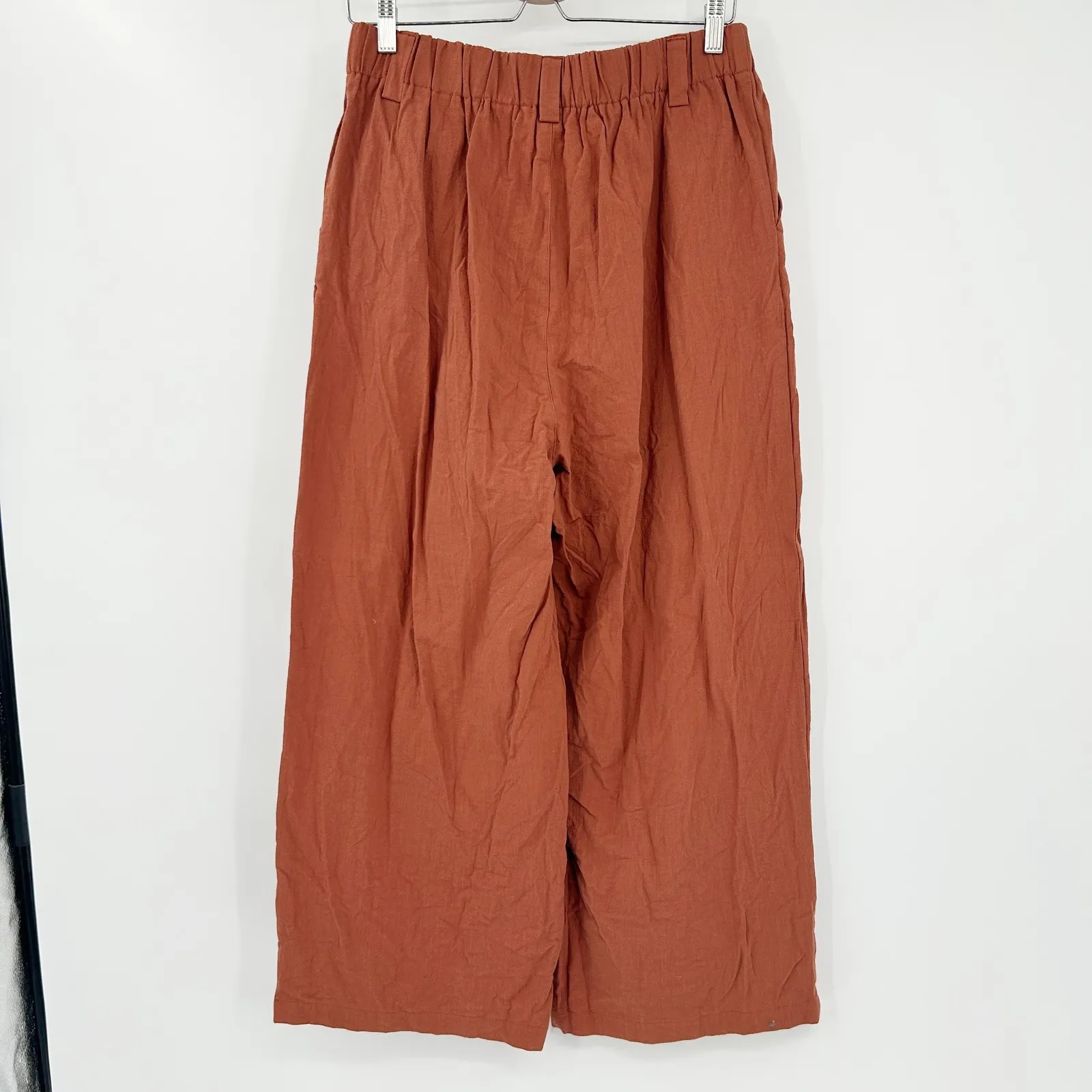Womens Wide Leg Crop Gauzy Cotton Elastic Waist High Rise Pleated Pants Size L Brown Size L - Image 5