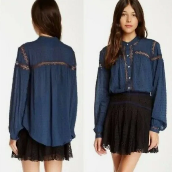 Anthropologie Free People Blue Every Day Girl Swiss Blouse Size Small - Image 2