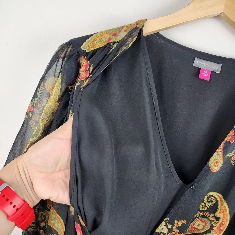 Vince Camuto Asymmetric Blouse Top Paisley Cinch Waist Lined Rich Black Size 2X - Image 10