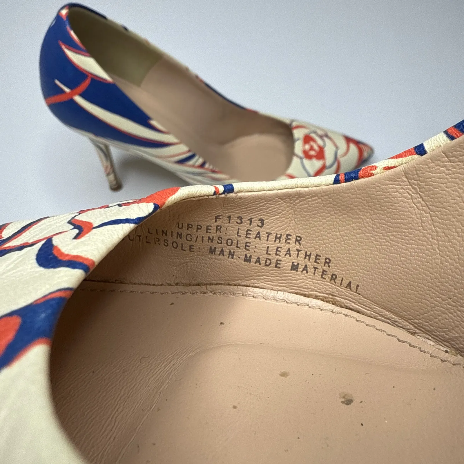 J.Crew Italian Made Leather Floral Heels Size 7.5 Cream‎ Blue Red Print 4" Heel - Image 10