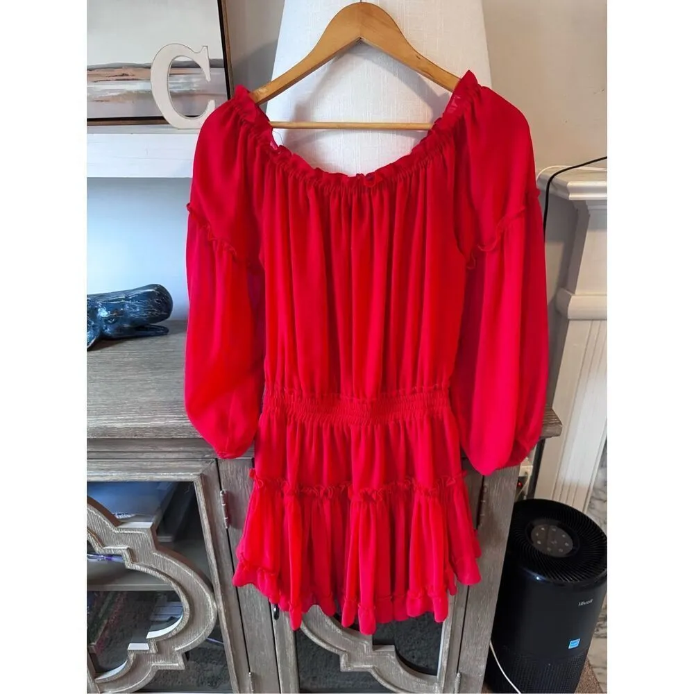 Misa Los Angeles Off Shoulder Daria Boho Crimson Red Mini Blouson Dress Size XS - Image 6