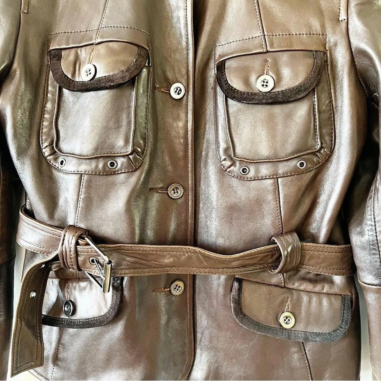 Dark Brown Lambskin Leather Belted Moto Jacket Size L - Image 4