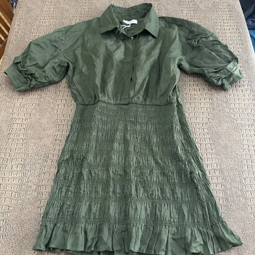 Frame Smocked Shirt Dress Fatigue Green Puff Sleeve Size L - Image 2