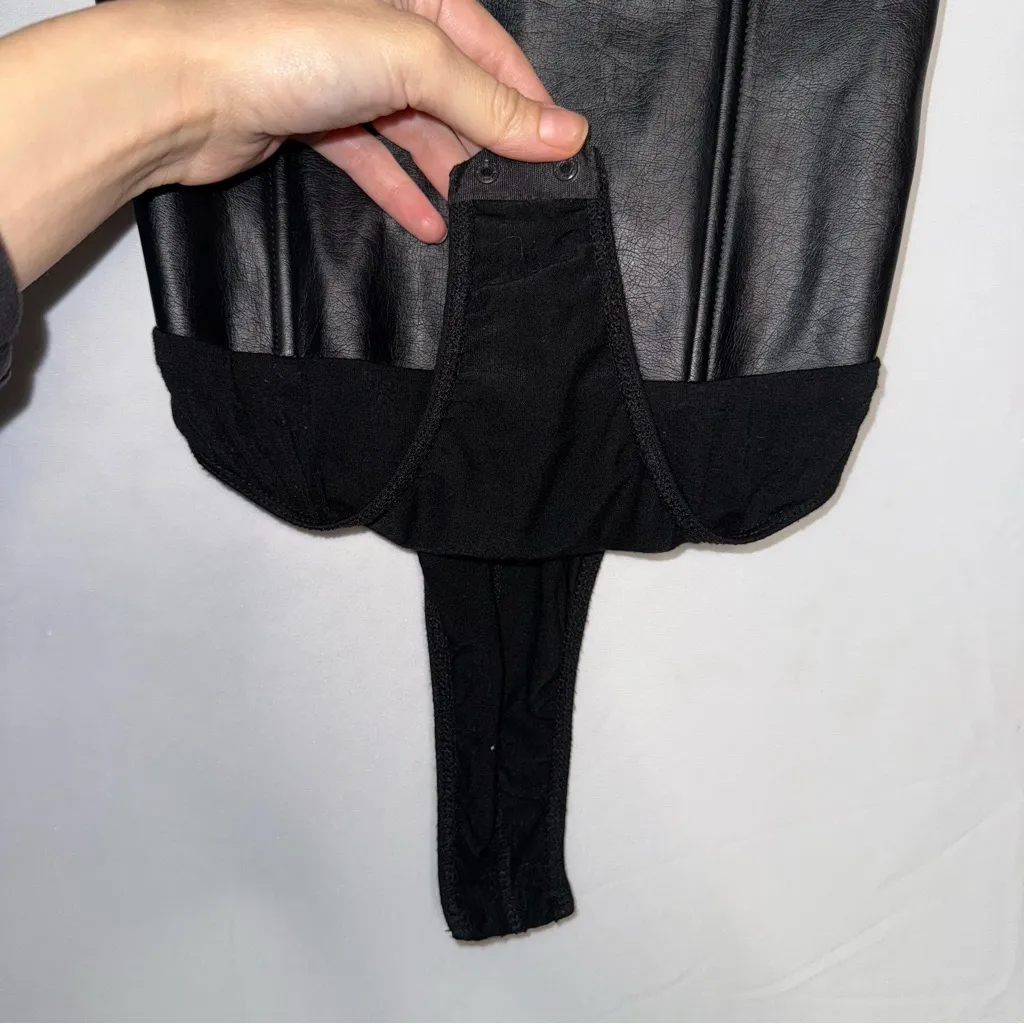 Y2K Goth Bikercore Pleather Bodysuit Push up Faux Leather Small - Image 3