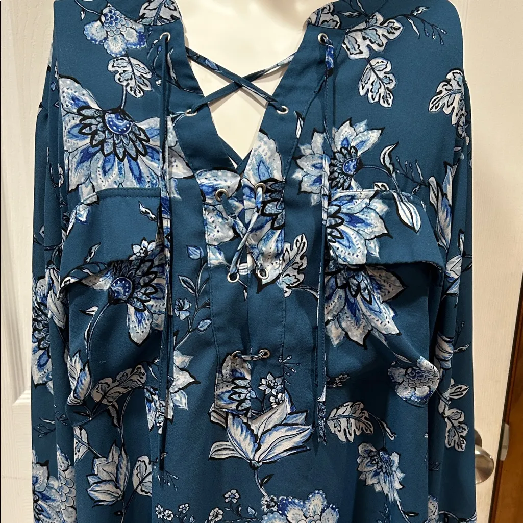 a.n.a Teal Floral Lace-Up Blouse - Image 2