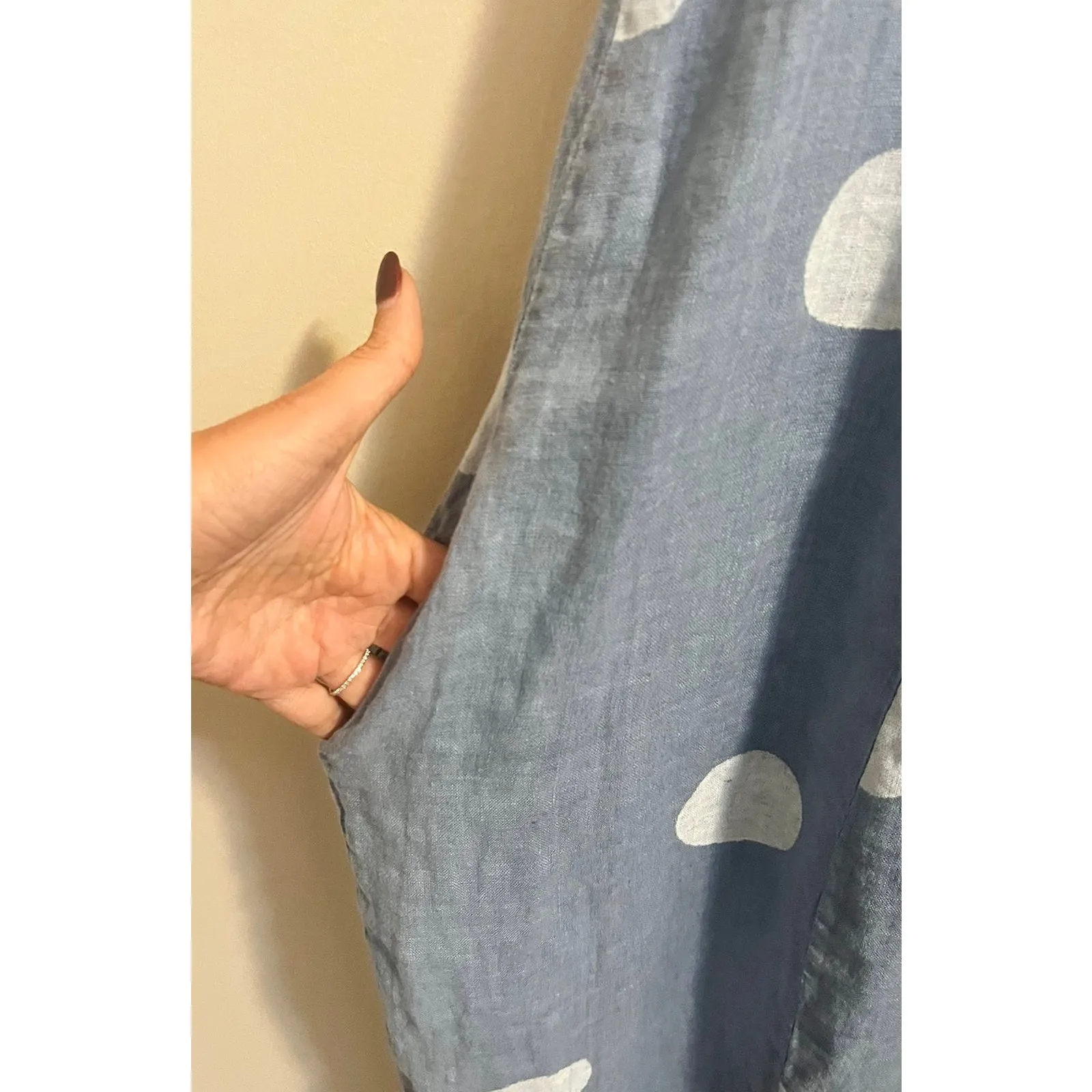 Me & Gee Dots Tank Dress in Blue wi/White Large Polka Dots 100% Linen Women's L - Image 6