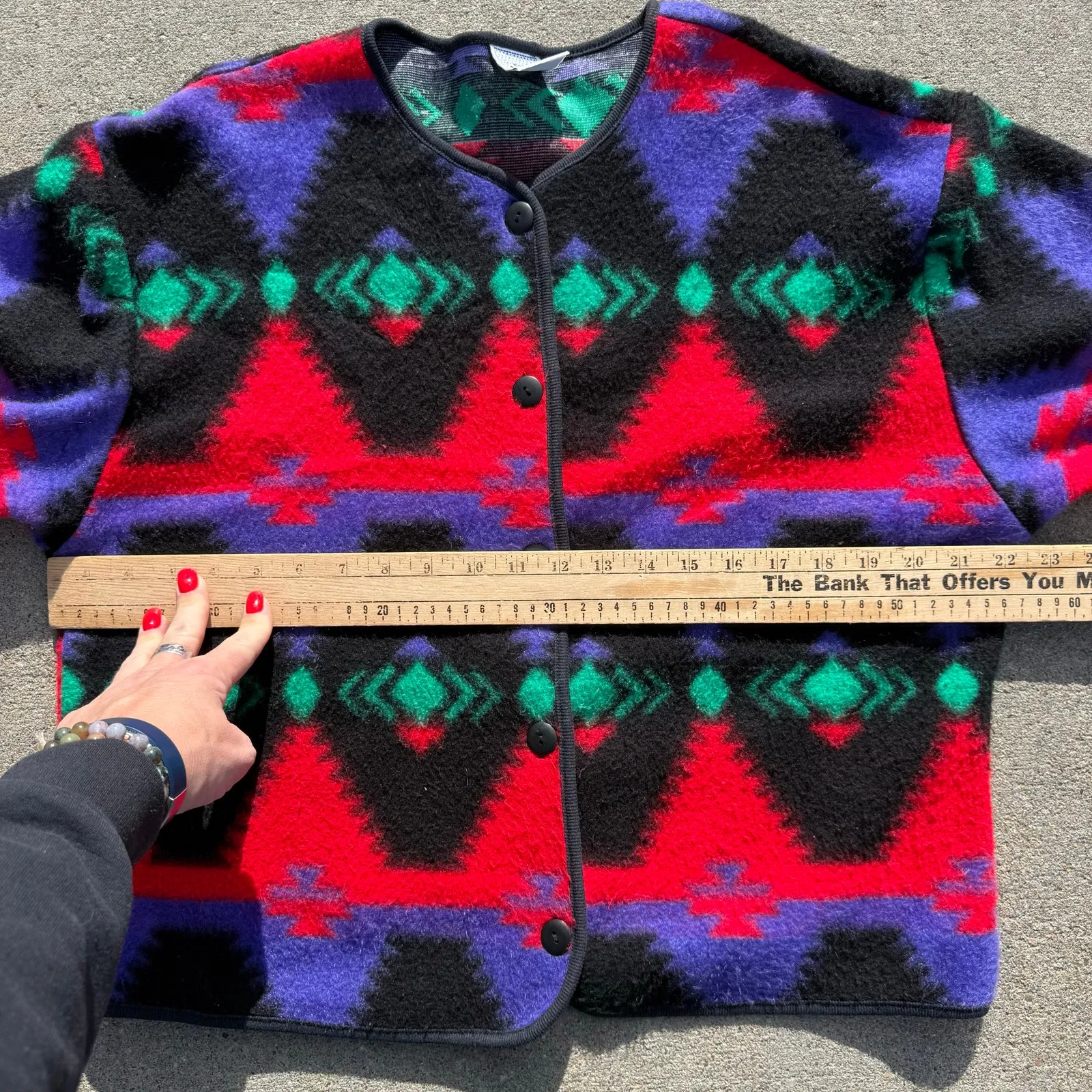 VTG 90s David Wayne Aztec Southwestern Fleece Jacket Black Vibrant Red Purple M? Size M - Image 6