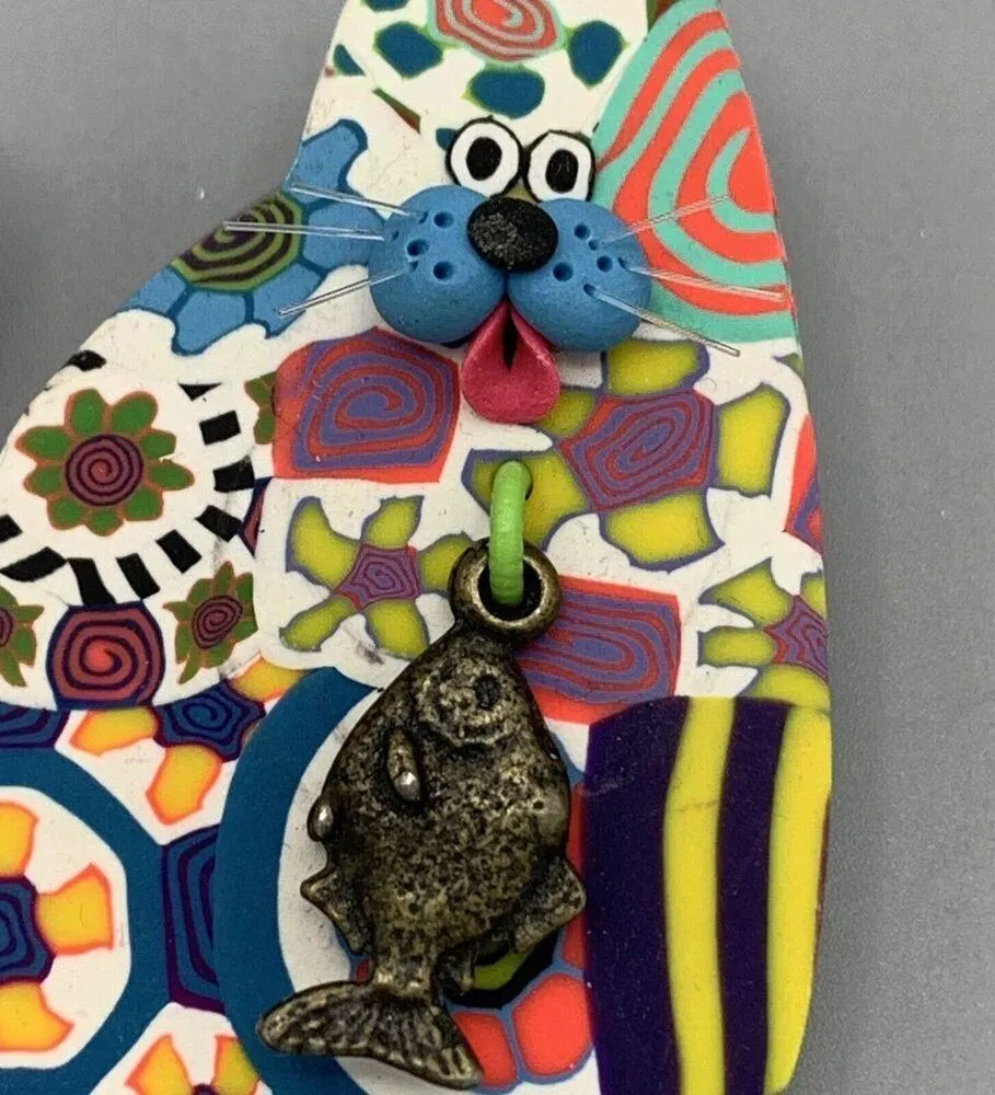 Unique Multicolored 3D Cat Brooch with Fish Charm Cat Lovers Vintage Kitty Boho Size 0 - Image 4