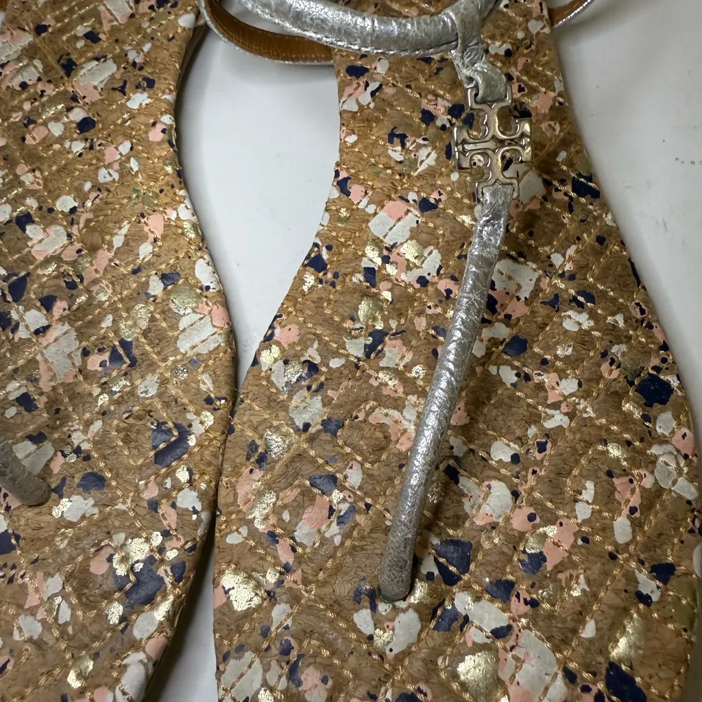 TORY BURCH Marion Confetti Cork T-Strap Silver Metallic Leather Thong Sandal 7.5 - Image 6