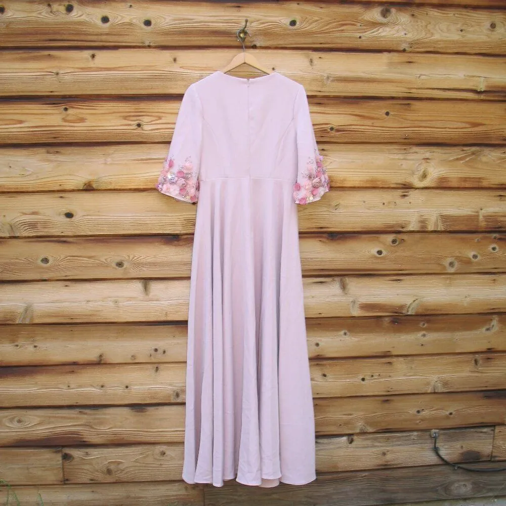 MAC DUGGAL 11854 Pink Crepe 3/4 Sleeve A-line Gown With Flower Trim - Image 11