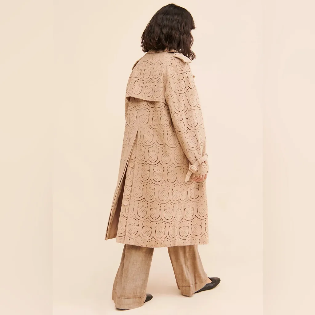 Farm Rio Pineapple Eyelet Trench Coat Womens XS Tan Khaki Cotton Button Front - Image 2