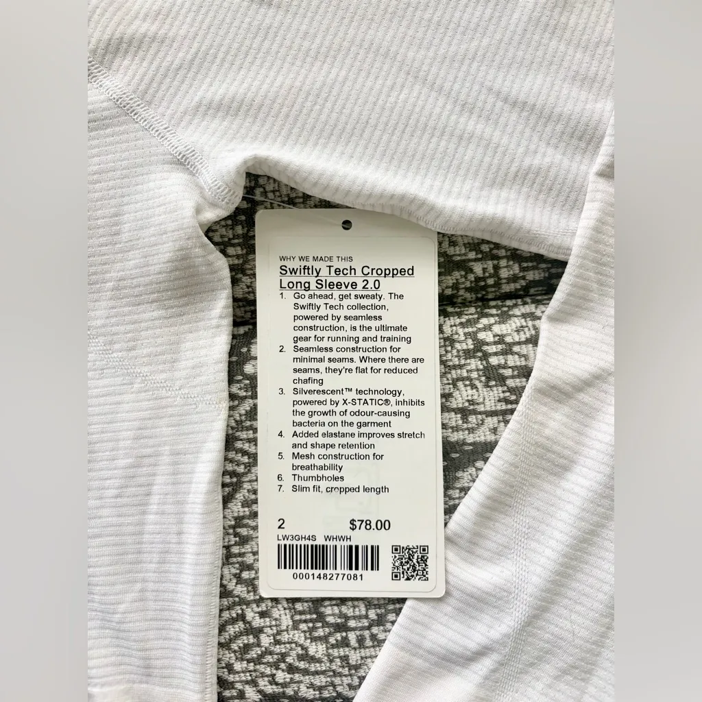 NWT Lululemon Swiftly Tech Cropped Long Sleeve 2.0 - White, Size 2 - Image 3