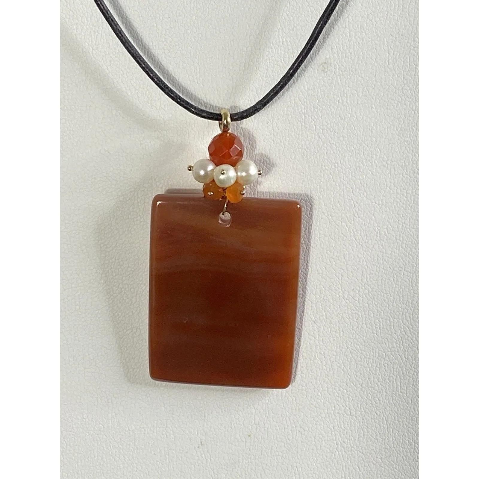 14K YELLOW GOLD ZB LG CARNELIAN & PEARLS ZIMMER BROTHERS LARGE PENDANT + 16”CORD Orange - Image 2