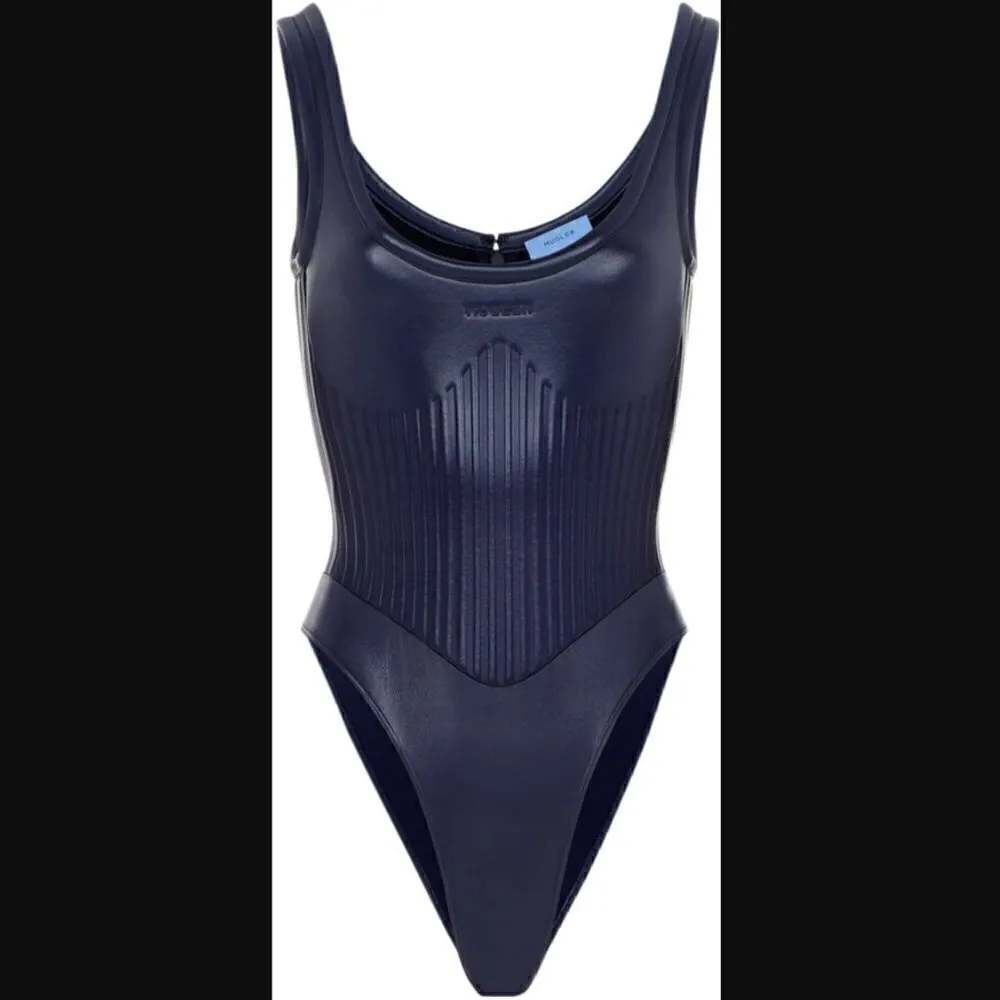 Mugler Bodysuit + Midi Leggings US 12 Two Piece Logo Embossed Luxury Celebrity Blue - Image 7