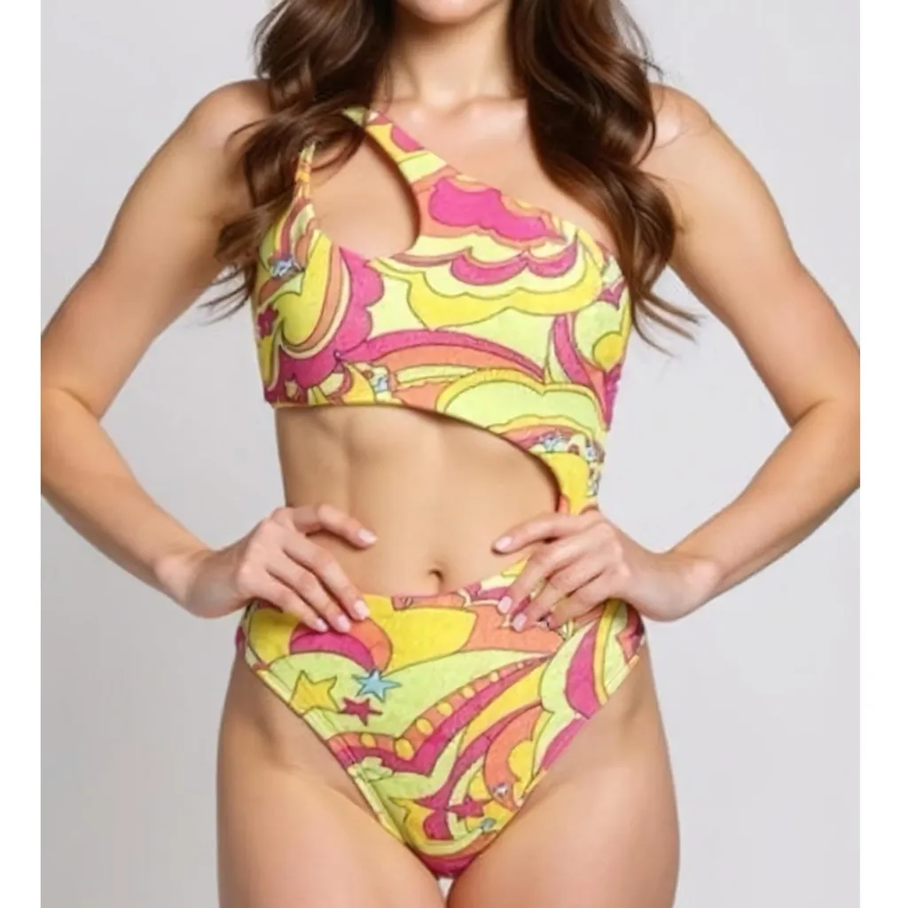 NEW FRANKIES BIKINIS Makie Terry One Piece Swim, Peace Terry, XS - Image 3