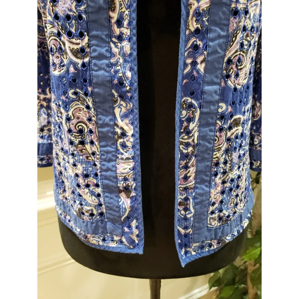 Chico's Blue Eyelet Cotton 3/4 Sleeve Open Front Cardigan Jacket Size 0 Small - Image 3