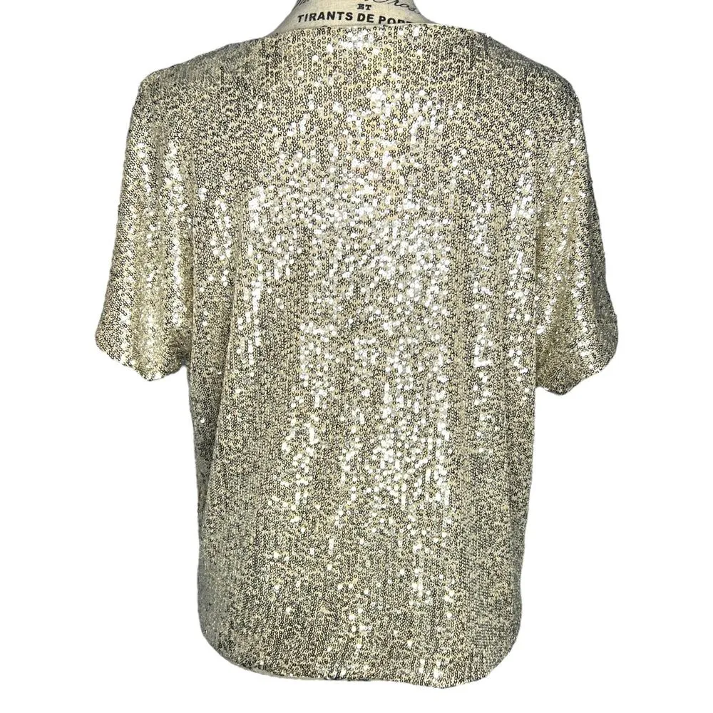 H&M  SMALL Sparkly Straight Cut Sequined Mesh Short Sleeve Top Blouse Tee - Image 5